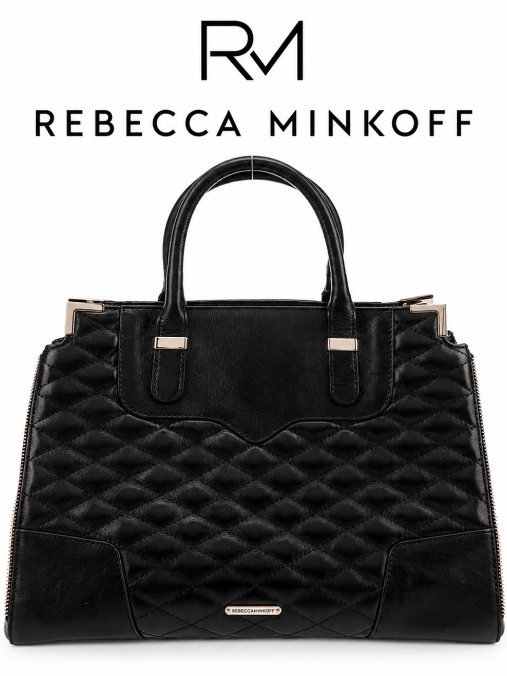 Rebecca Minkoff Black Quilted Leather Satchel with Gold Accents